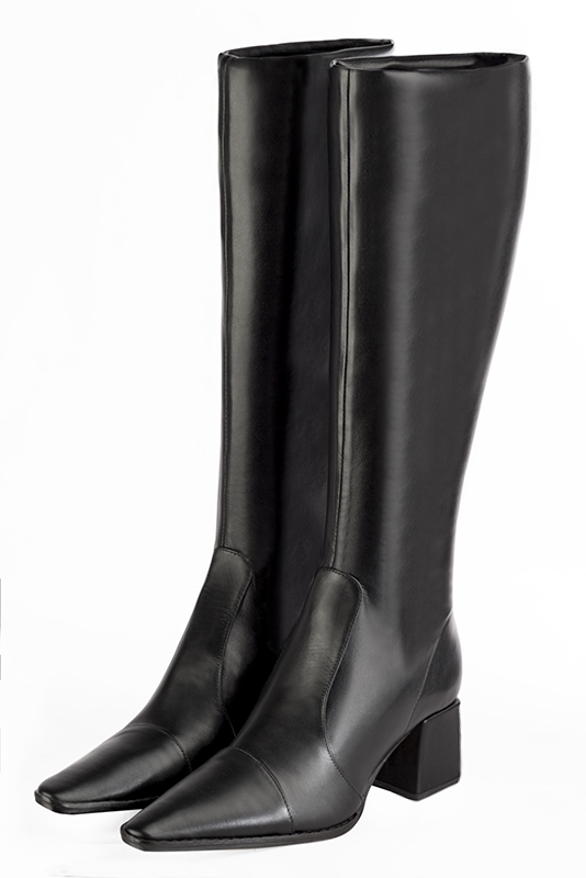 Satin black women's feminine knee-high boots. Tapered toe. Medium block heels. Made to measure. Front view - Florence KOOIJMAN